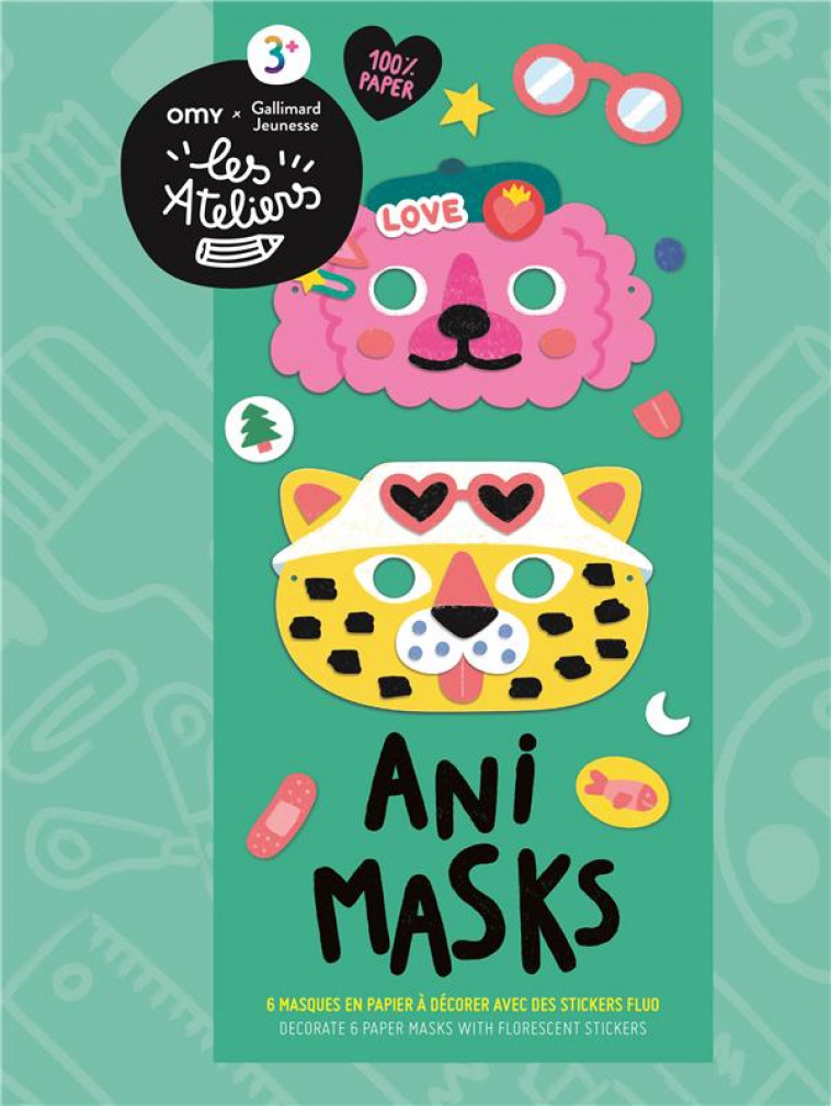 ANI MASKS - 6 MASQUES EN PAPIER A DECORER AVEC DES STICKERS FLUO - COLLECTIF - NC