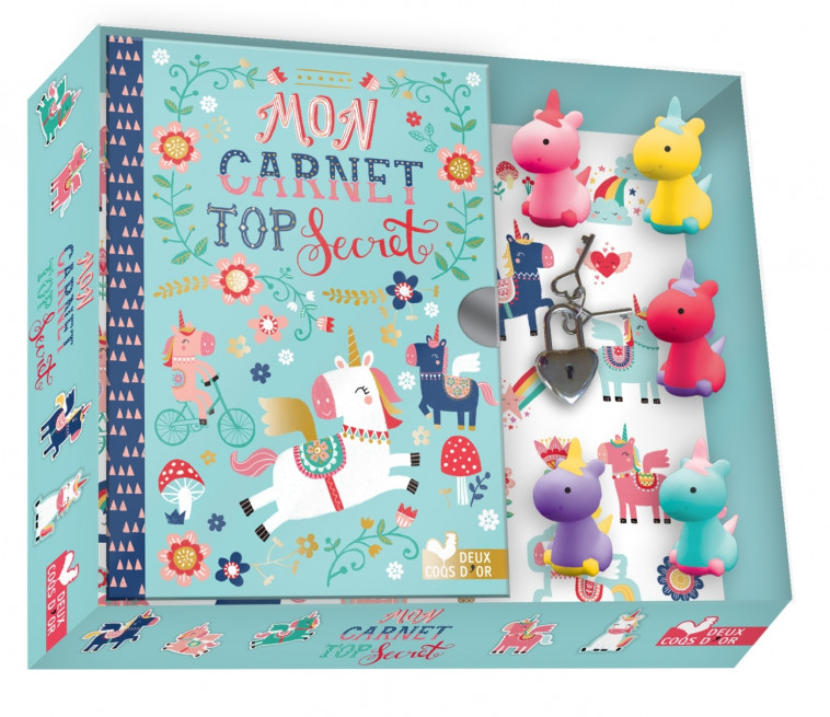 Mon carnet top secret licornes - coffret avec mini gommes - Louise Anglicas - DEUX COQS D OR