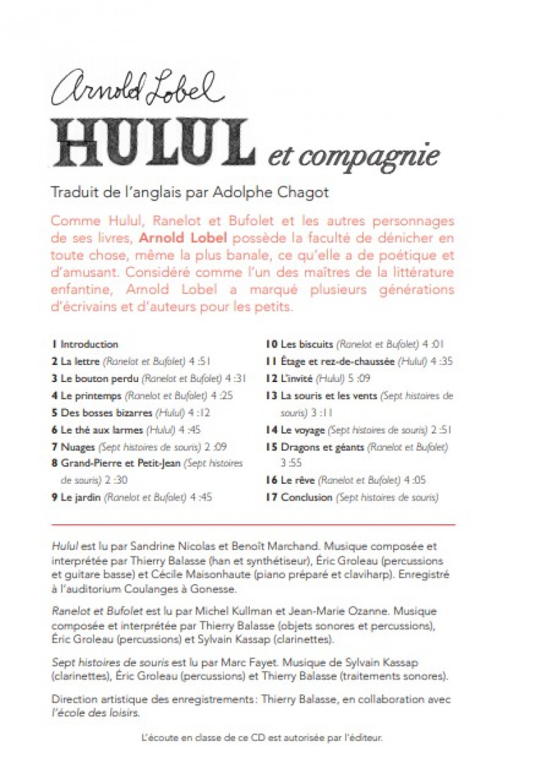 Hulul et Compagnie - Arnold LOBEL, Adolphe Chagot, Sandrine Nicolas, Benoît Marchand - EDL