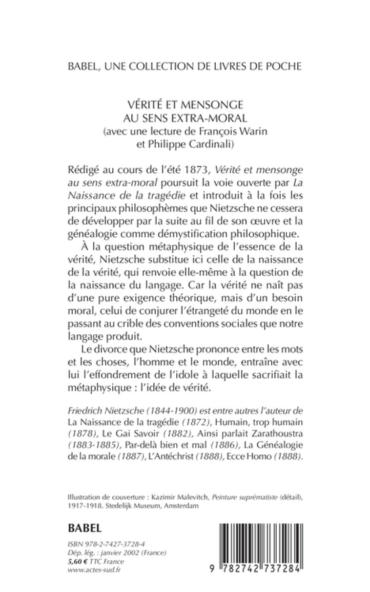 Vérité et mensonge au sens extra-moral - François Warin - ACTES SUD