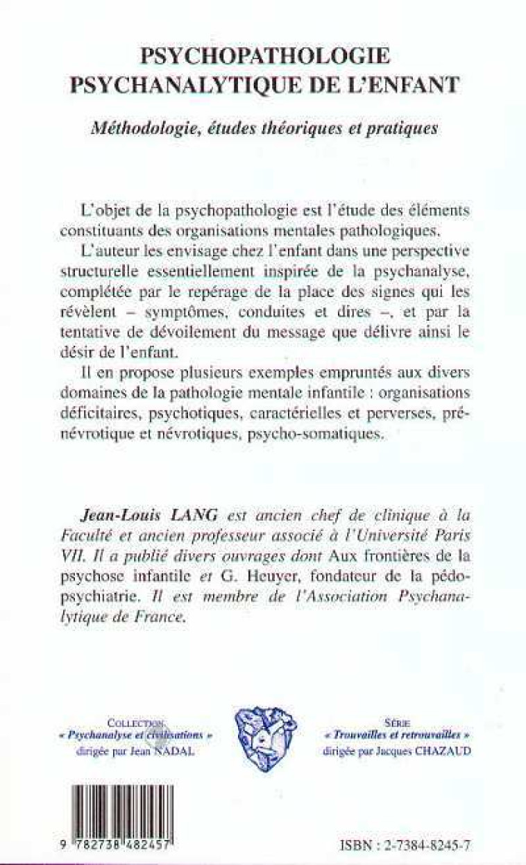 PSYCHOPATHOLOGIE PSYCHANALYTIQUE DE L'ENFANT - Jean-Louis Lang - L'HARMATTAN