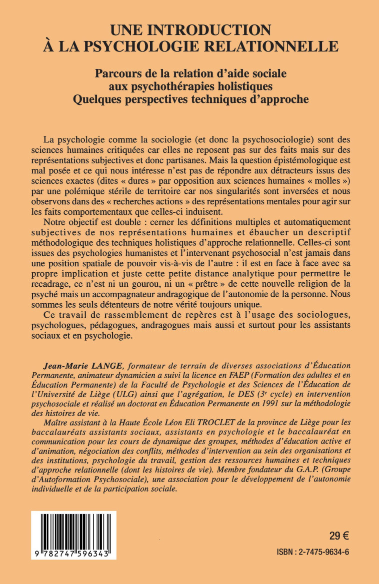 Une introduction à la psychologie relationnelle - Jean-Marie Lange - L'HARMATTAN